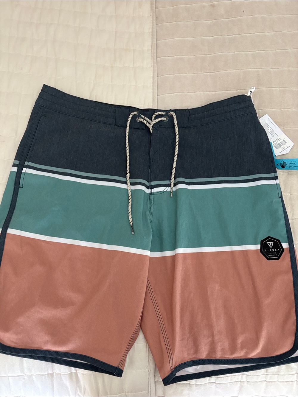 VISSLA Men’s Striped Boardshorts in Navy, Teal & Rust